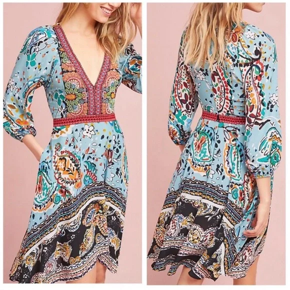 ANTHROPOLOGIE Akemi + Kin Karmina Sky Blue Beaded Dress with Pockets Size 2 - Picture 2 of 14